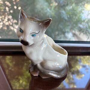 Vintage Ceramic Cat Planter Blue Eyes Mid Century Style Art Pottery